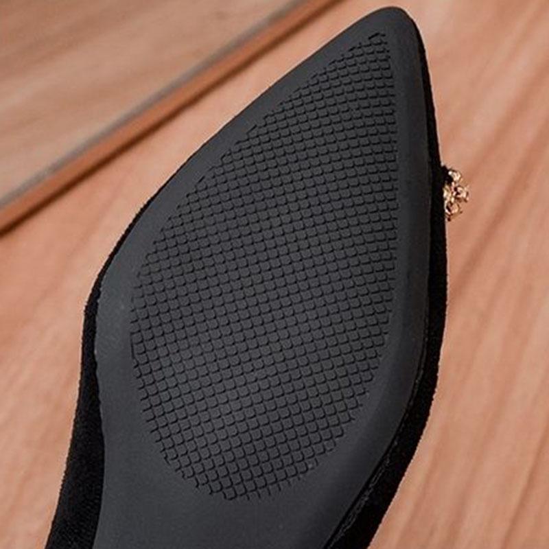 Rhinestone Suede Thick Heel Shoes Spring and Autumn Versatile Pointy Shallow Flat French Black Work Shoes