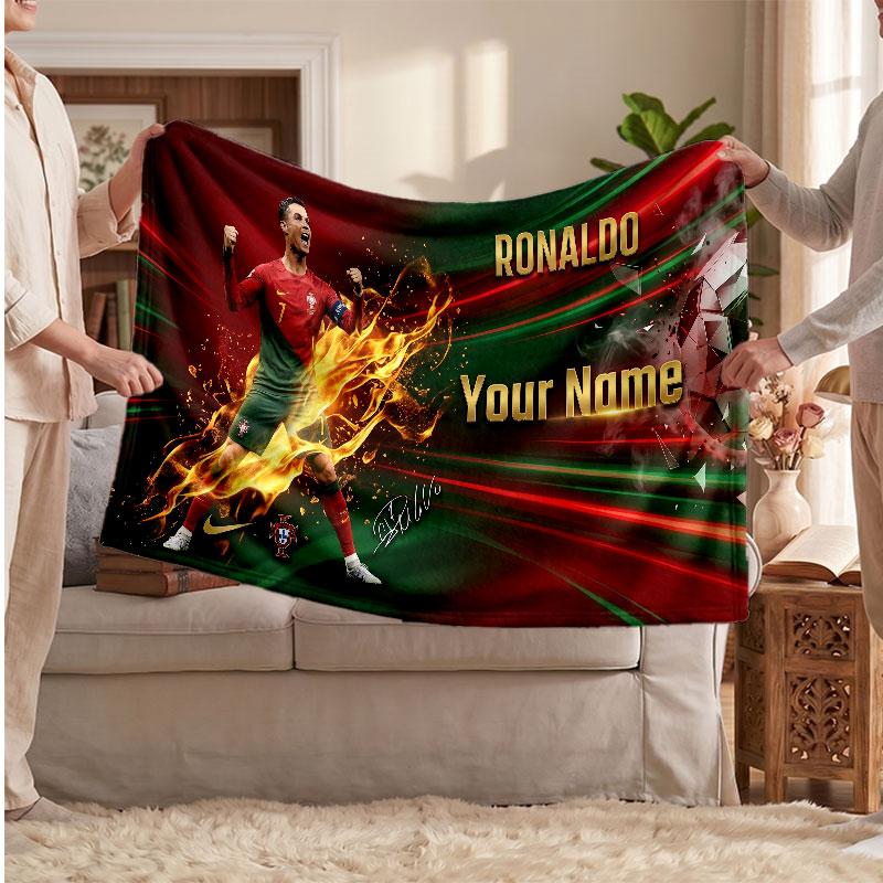 Cristiano Ronaldo Personalized Fleece Blanket With Football Logo, Custom Name Text Soft Warm Home Throw Blanket
