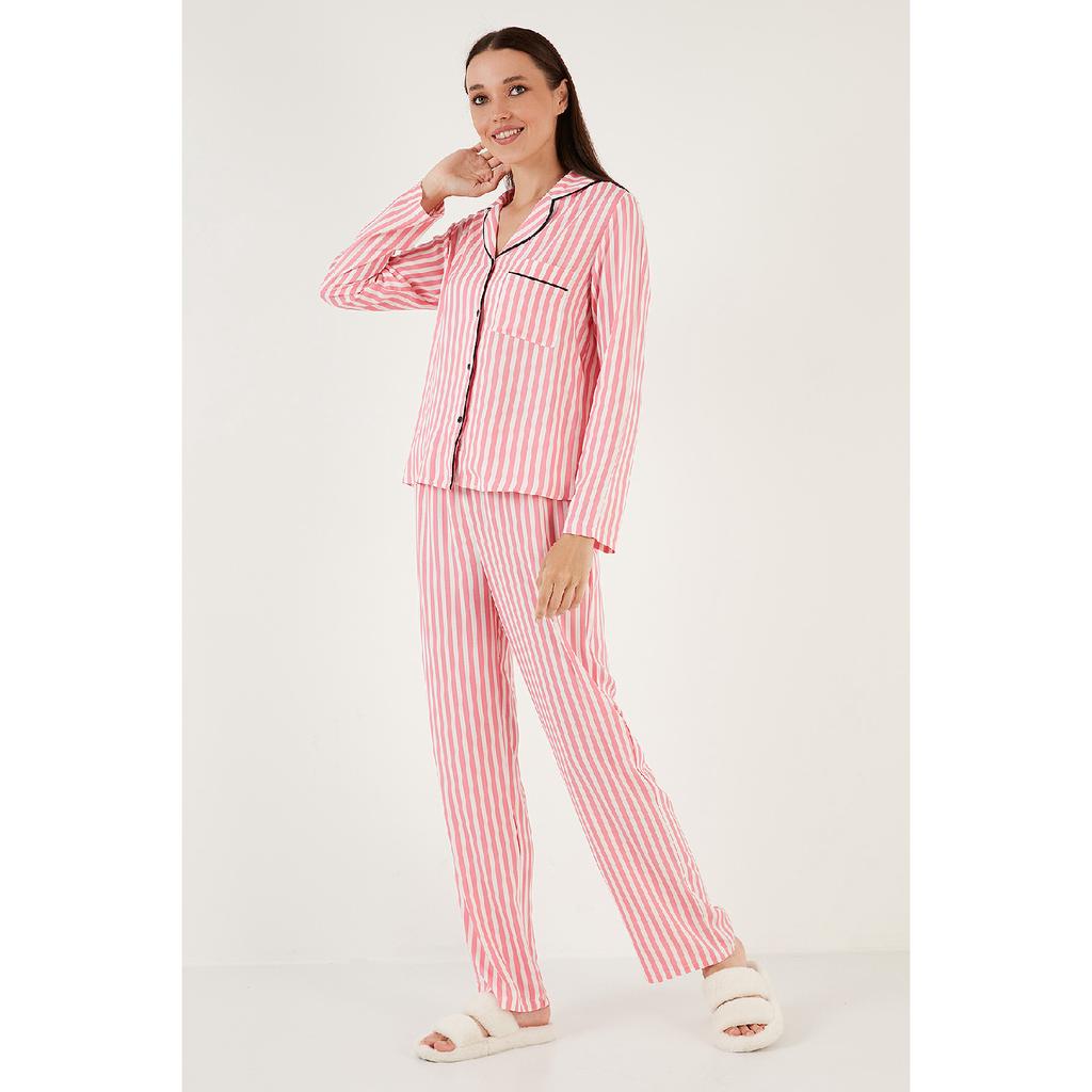 Пижамный комплект из хлопка и гибкой передней части с пуговицами в розовую и белую полоску