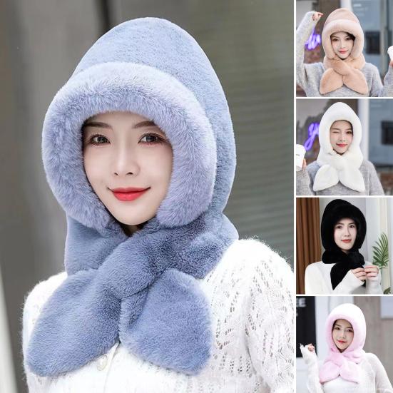 Autumn Winter Warm Hat Plush Lining Windproof Integrated Headwear Scarf for Women Cold Protection 3-in-1 Neck Ears Warmer Plush Hat for Motorcycle EMA