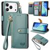 For iPhone 17 Pro Max Case RFID Blocking Zipper Pocket Leather Wallet Phone Cover with Strap