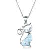 Boho Cute Cat Design Imitation White Fire Opal Pendant Necklace For Women Charm Blue Crystal Rhinestones Necklace Jewelry Gift