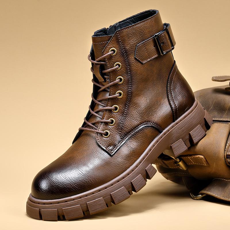 Genuine Leather Men Boots Fashion Casual High-top Boots British Style Short Boots for Men Plush Warm Winter Booties Botas Hombre