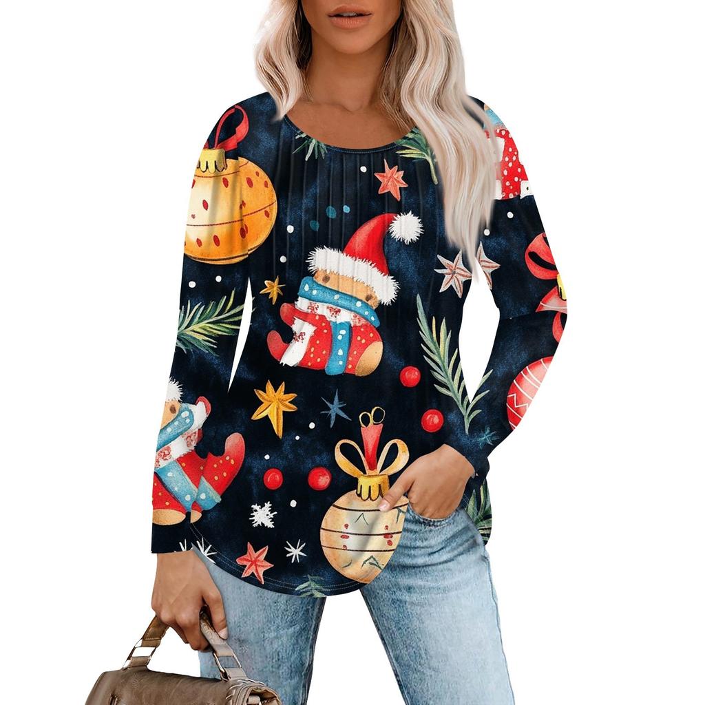 Женская повседневная футболка с круглым вырезом и длинными рукавами с рождественским принтом и складками