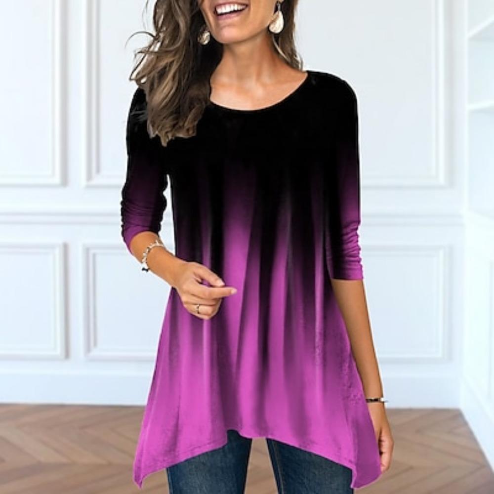 Женская футболка с принтом, повседневная туника на выходные, базовая, с длинным рукавом и круглым вырезом, розовая, осень и зима