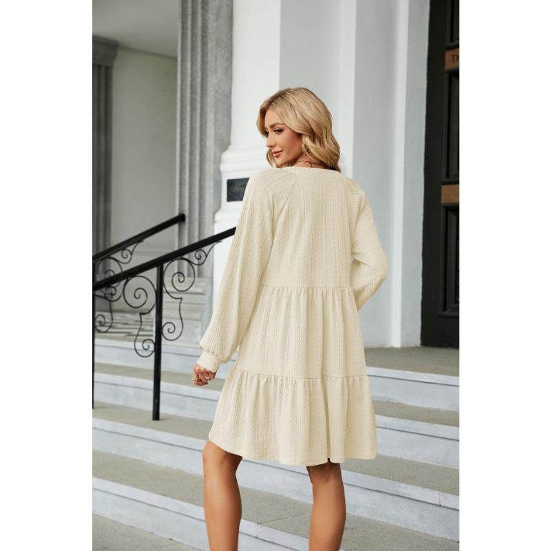 Весенне-осеннее женское платье, однотонное, с v-образным вырезом, свободные плиссированные платья с длинными рукавами