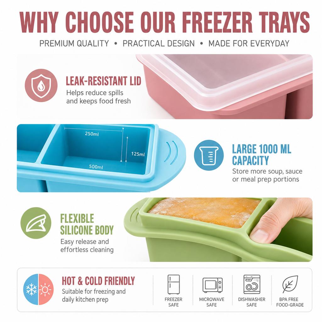 2/3 PACK Set Silicone Food Freezing Tray Large Soup Freezer Containers With Lid 2/4/6 Compartment Easy Release Meal Prep Mold