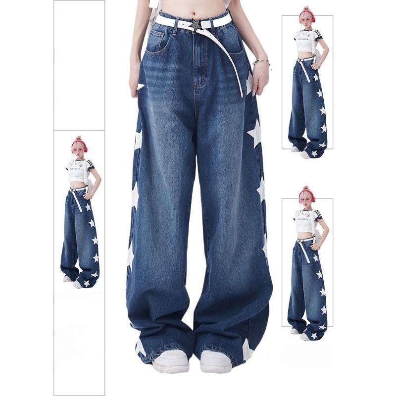 Американские джинсы с принтом ретро-звезд в стиле Instagram, женские летние новые свободные прямые широкие брюки-швабры в стиле High Street