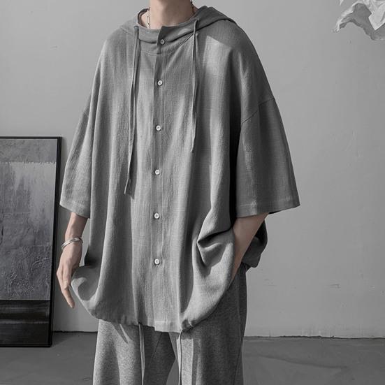 Half Sleeve Drawstring Men Tops Solid Color Single Breasted Thin Hip Hop Style Summer Hooded Shirt Coat Streetwear
