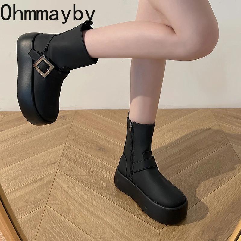 Модные женские короткие сапоги на толстой подошве с пряжкой на ремне, водонепроницаемые туфли на платформе, осень-зима, женские ботильоны