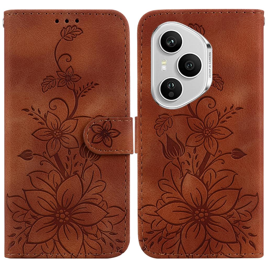 For Honor 400 Pro 5G (Global) Stand Case Lily Flower Imprint Leather Phone Cover with Wrist Strap