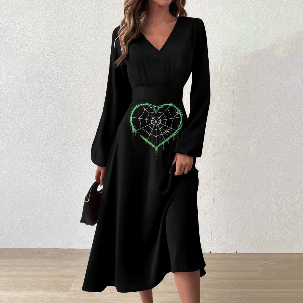 Женское осенне-зимнее повседневное модное длинное платье с v-образным вырезом и длинным рукавом с принтом