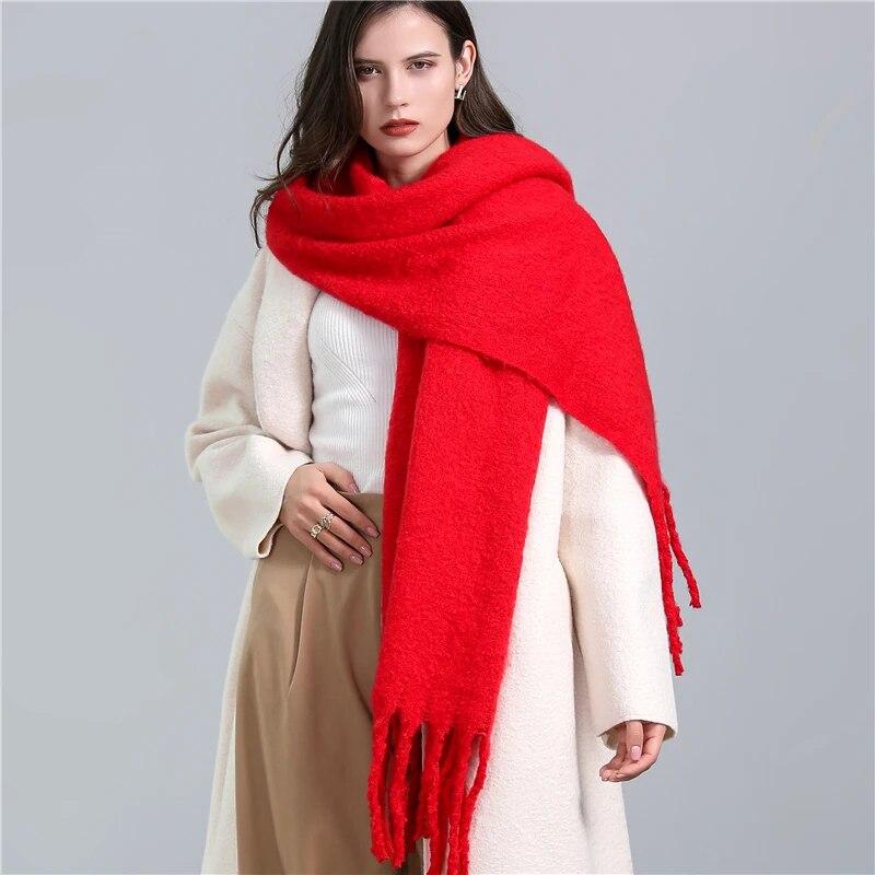 Winter Scarf Women Luxury Mohair Scarf Cashmere Warm Pashmina Solid Female Scarves Wraps Thick Soft Bufanda Big Tassels Shawl Long Stole Scarf