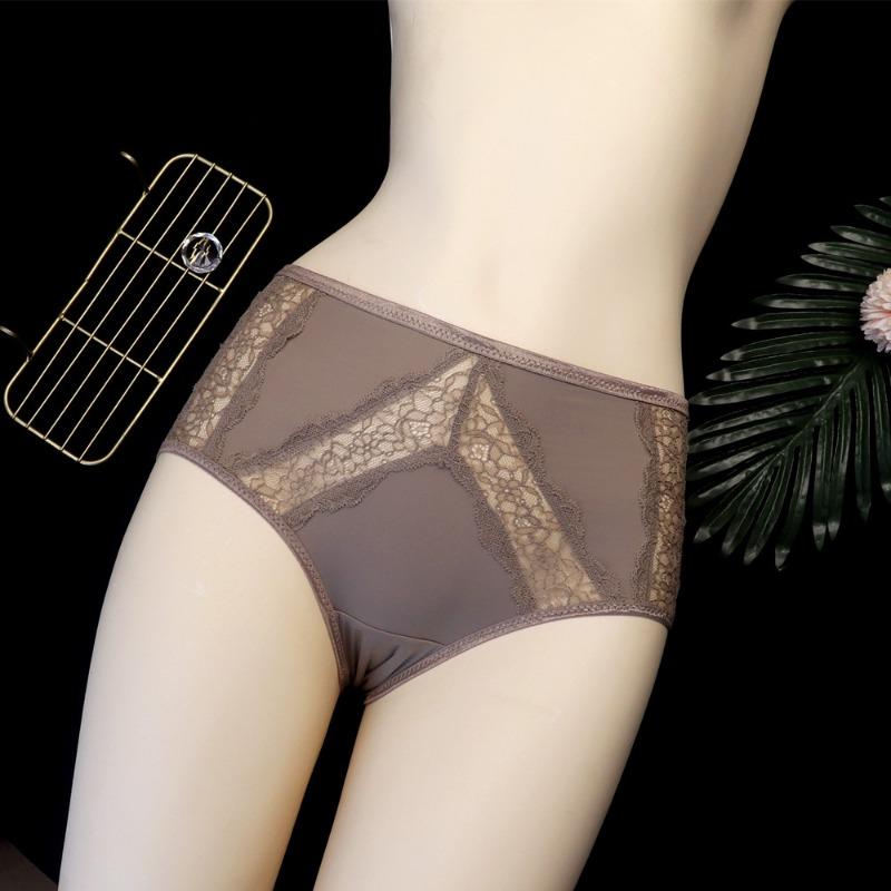 Mid Waist Minimalist Lingerie Women's Sexy Hollow Lace Underwear Ice Silk Breathable Triangle Panties