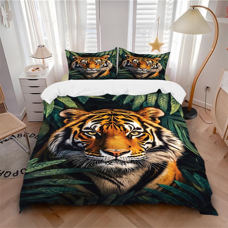3pcs Tiger Print Duvet Cover Set - Machine Washable, Includes 1 Cover and 2 Pillowcases, No Core Included yy251013095