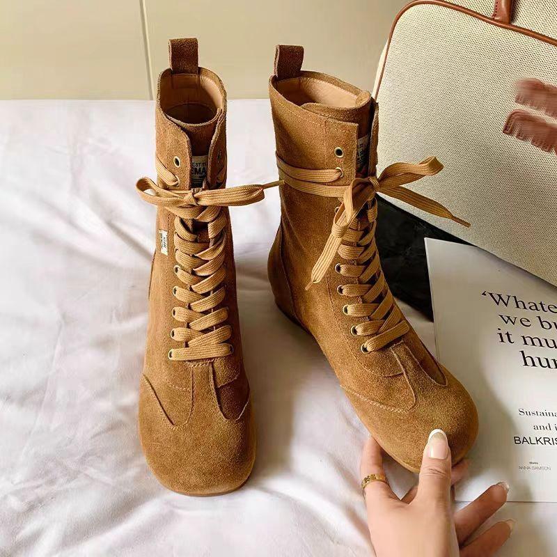 Fashion Autumn New Low Heel Single Boots Women's Fashion Round Head Suede Front Lace-up Anti-slip Wear-resistant Short Boots