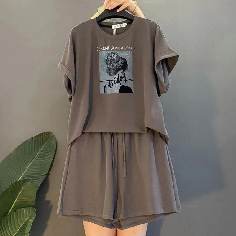 Костюм женский большого размера хлопковая футболка с капюшоном брюки из двух частей удобный топ с короткими рукавами и длинные брюки костюм из 2 предметов