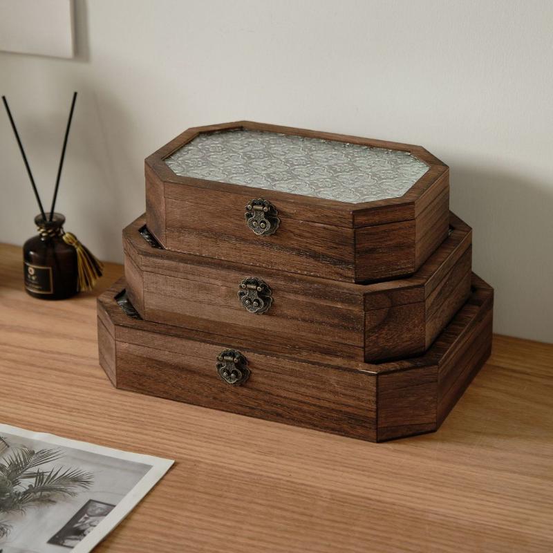 Wooden Jewellery Box Glass Flip Cover Necklaces Storage Boxes Bracelet Ring Organizer Box Large Capacity Storage Casket Jewelry