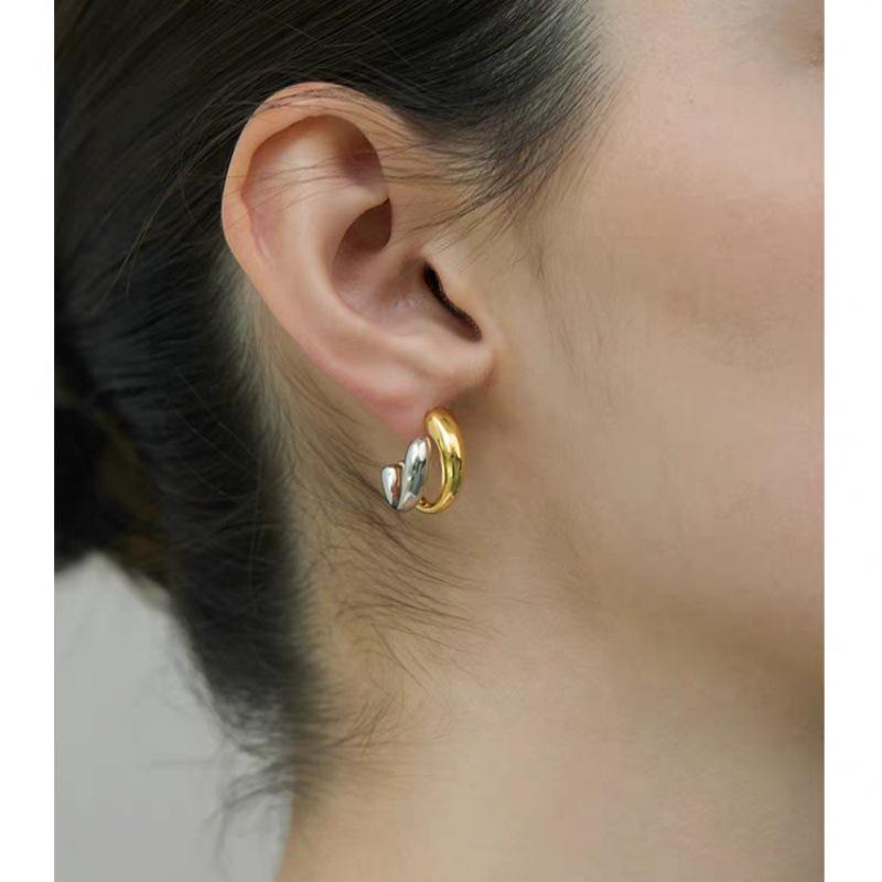European Fashion Copper-Plated 18k Gold C-shaped Double Layer Earrings with S925 Silver Needle