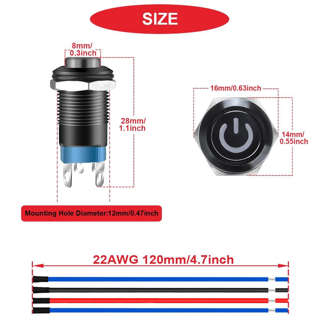 MKBKLLJY 5 шт. 12 мм кнопочный переключатель со светодиодом SPST, 2 положения, вкл./выкл., предварительно смонтированный для автомобиля (Красный/Желтый/Синий/Зеленый/Белый)