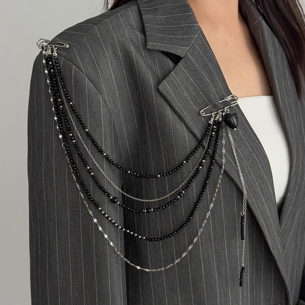 Ingemark Unique Black Crystal Beads Long Brooches Women Trendy Multi-layer Copper Chain Shirt Collar Suit Clip Pin Accessories