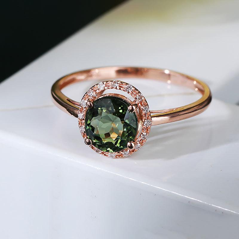 Rose Gold Plated Russian 585 Purple Gold Colored Treasure Brazilian Tourmaline Green Sparkling Ring Set With Zircon Jewelry