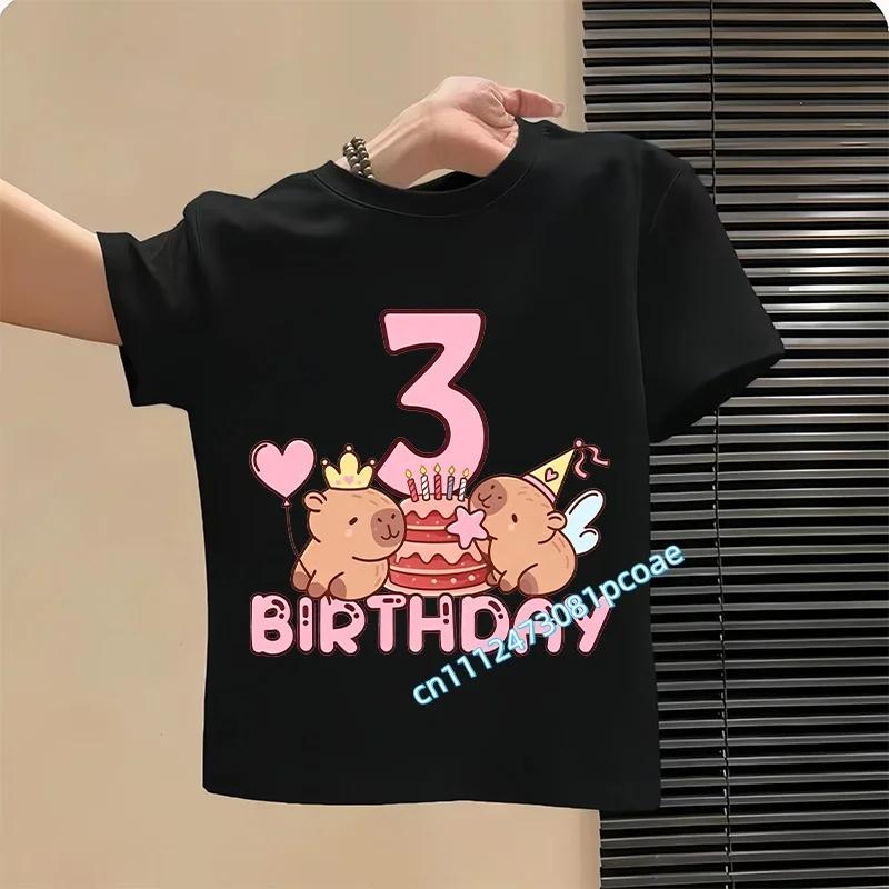 Capybara Girl Birthday Clothes Cute Toddler Kids Number T Shirt Cartoon Short Sleeve Baby Polyester T Shirt Summer Children Tops