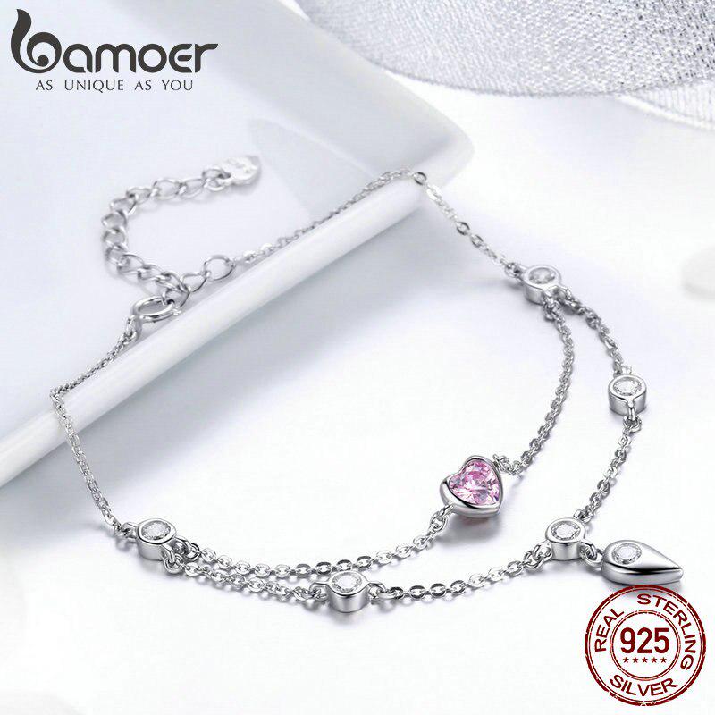 BAMOER Romantic New 925 Sterling Silver Sweet Heart Pink CZ Double Layers Bracelets