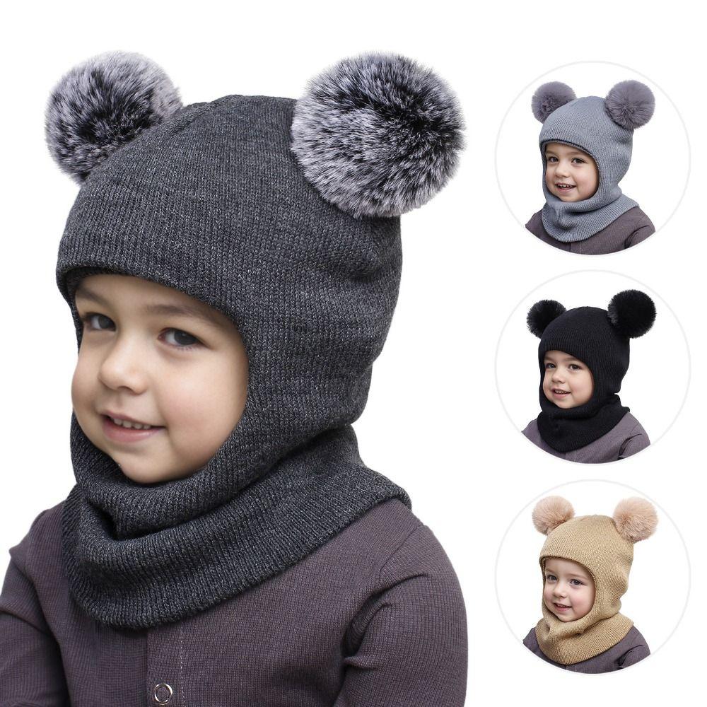 Knitted Baby Winter Hat Solid Color Kids One-piece Hat Scarf Children Bonnet Infant Cap  Girls Boys