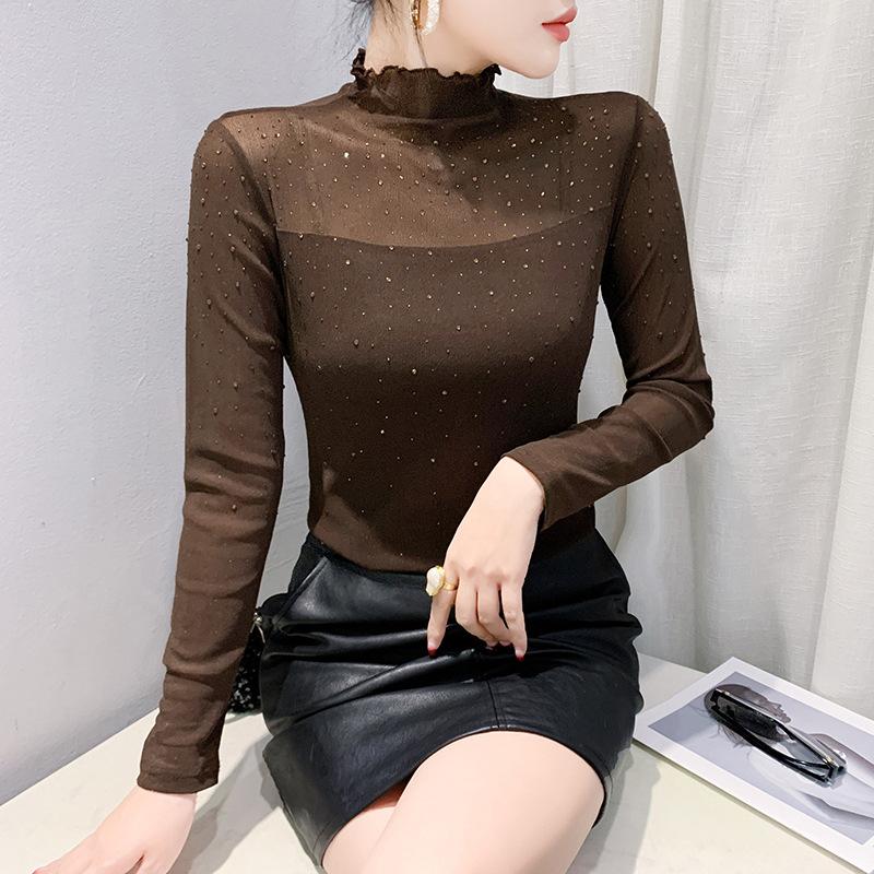 Winter New Semi-turtleneck Long-sleeved Splicing T-shirt Women's Slim Top Pullover Bottoming Shirt