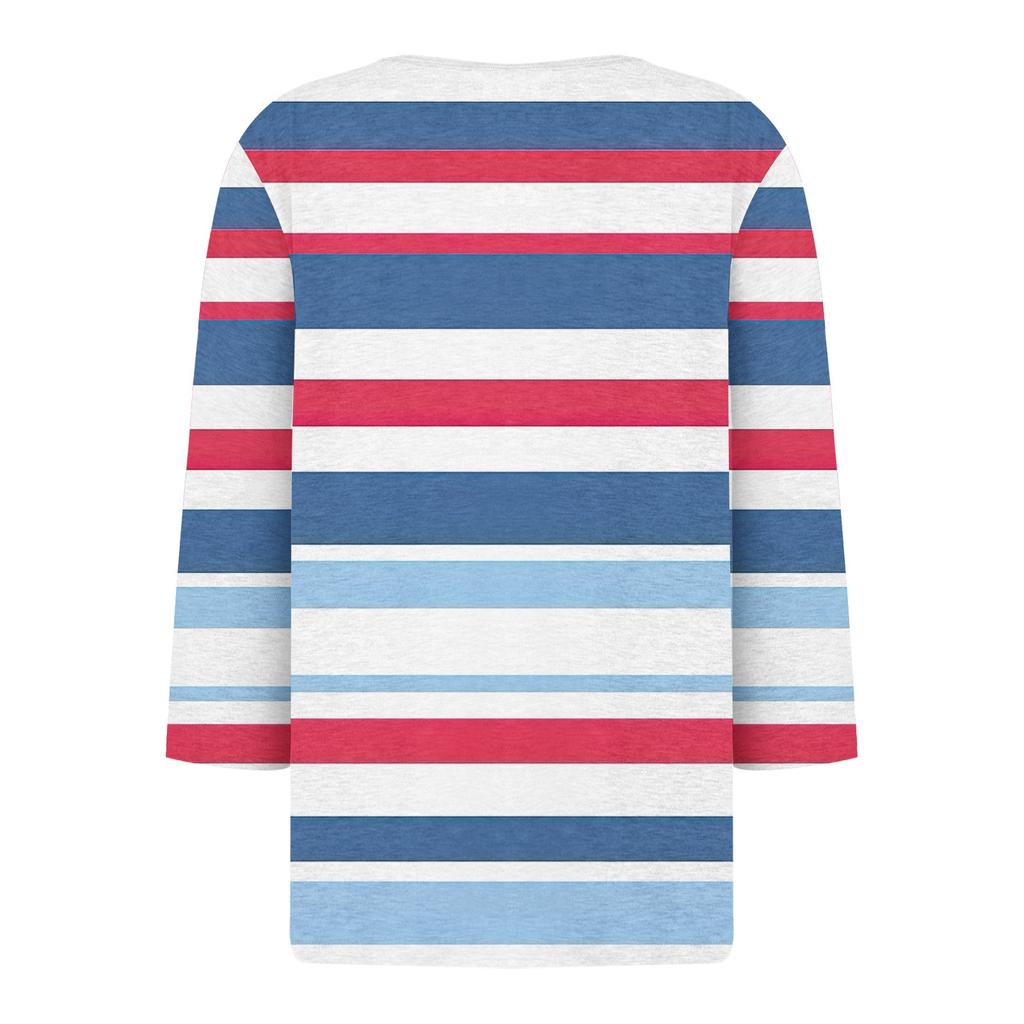 Женская мода Повседневная полосатая футболка с v-образным вырезом и декоративными пуговицами с рукавом три четверти Топ