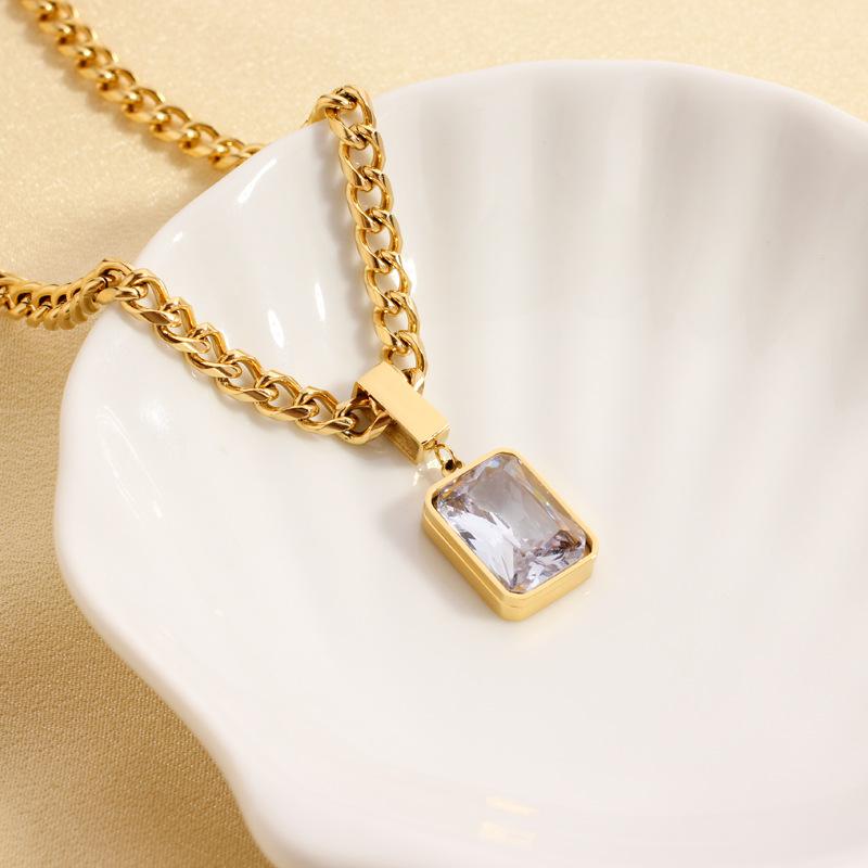 Vintage White Green Cubic Zirconia Choker Necklace Fashion 18k Gold Plated Stainless Steel Geometric Square Pendant Necklace