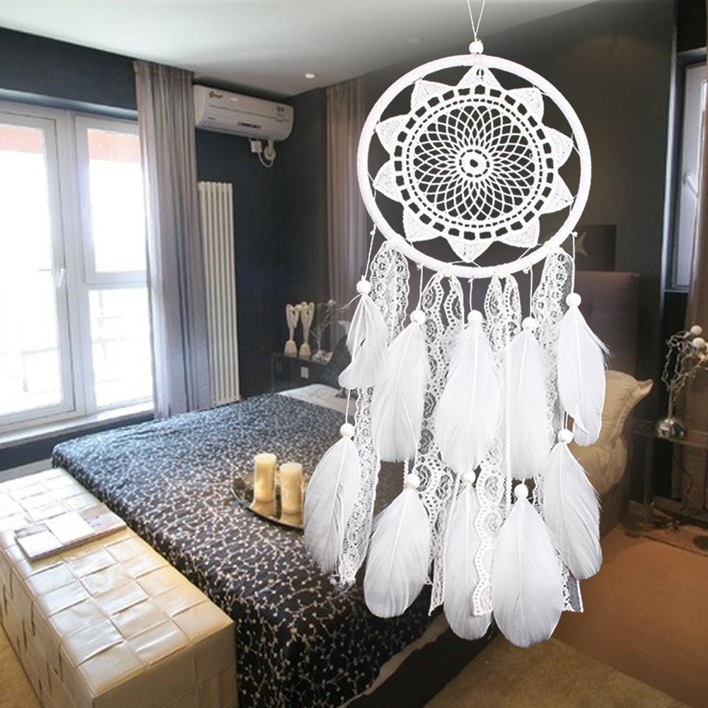 White Dream Catcher Wooden Beads Lace Pendant Feather Ornaments Lace Ribbons Wind Chime For Car Christmas Bedroom Hanging Decor