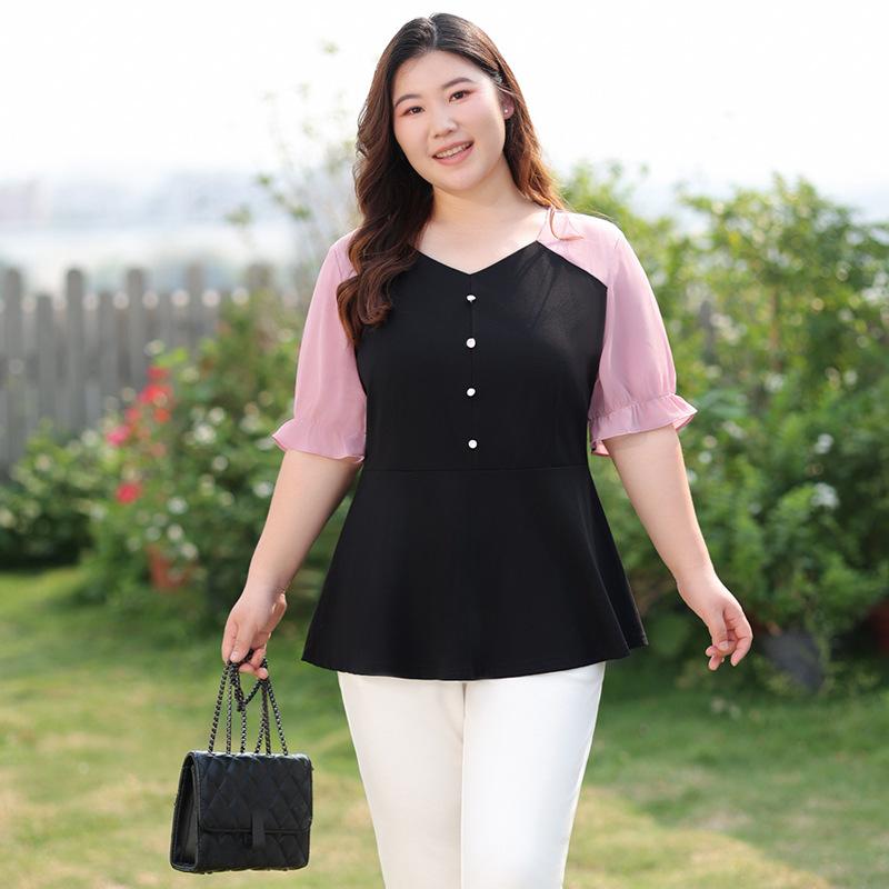 Женский топ большого размера с V-образным вырезом, с короткими рукавами, для лета, тонкий и дышащий, с хорошей драпировкой