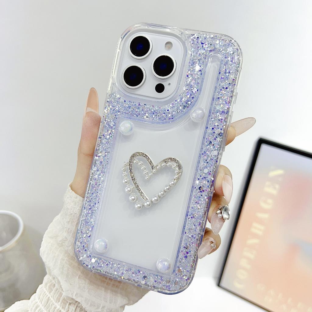 For iPhone 16 Pro Case with Pearl/Dual Heart Decor Glitter Rhinestone Epoxy Design TPU Phone Cover