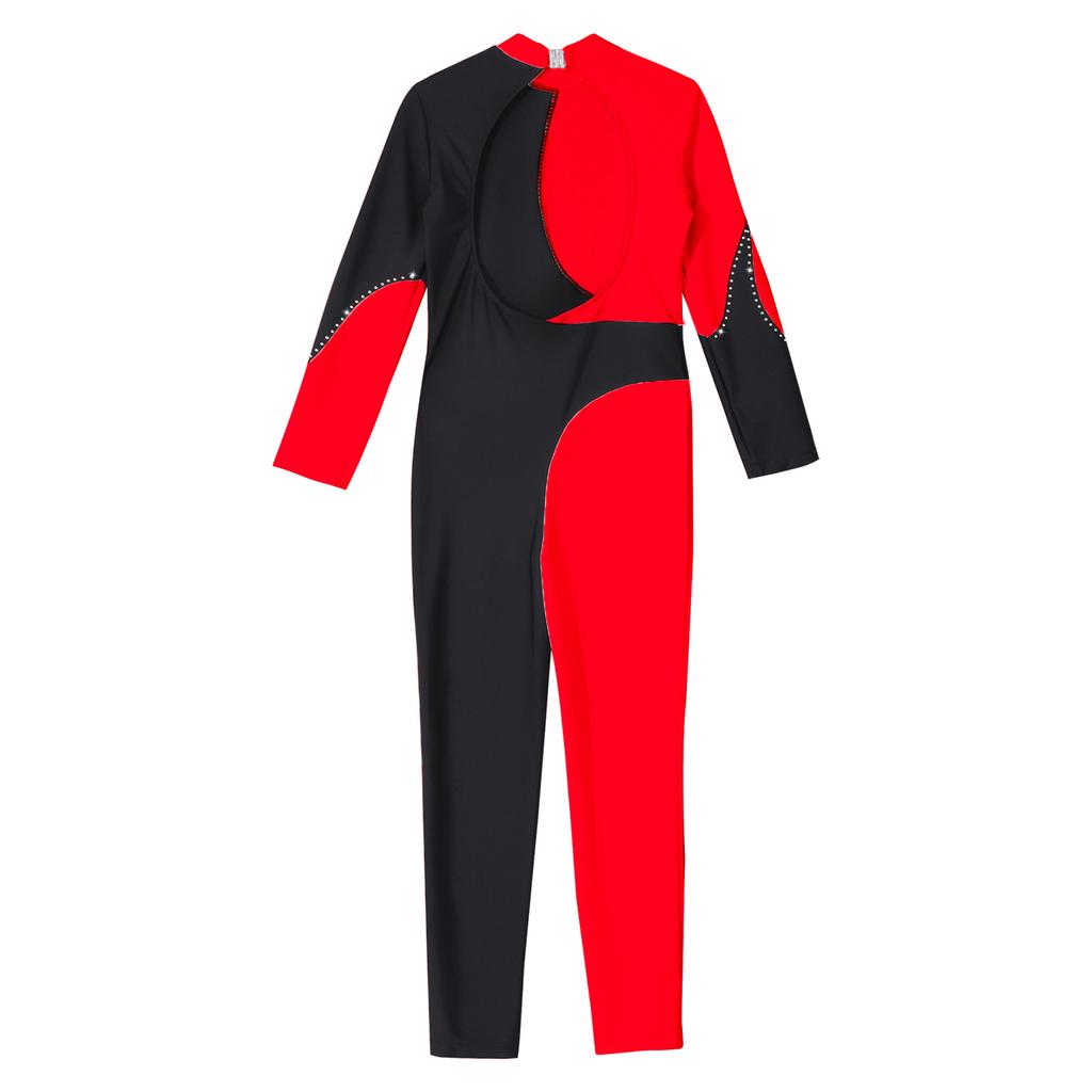 Girls Long Sleeve Round Collar Shiny Rhinestone Decorated Contrast Color Backless Jumpsuit Gymnastic Wear