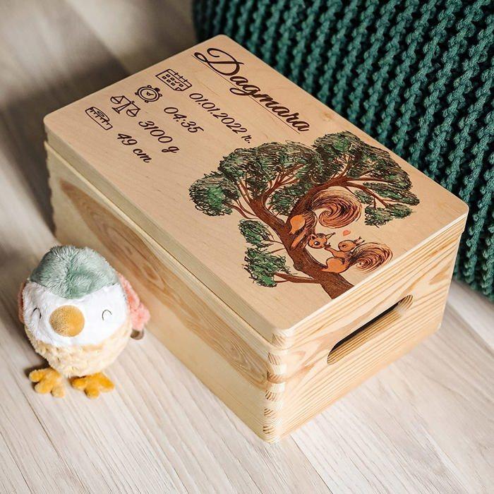 Cadeau naissance personnalisable - Boîte à souvenirs - Coffret souvenir naissance en bois - 30 x 20 x 14 cm - Motif Écureuil