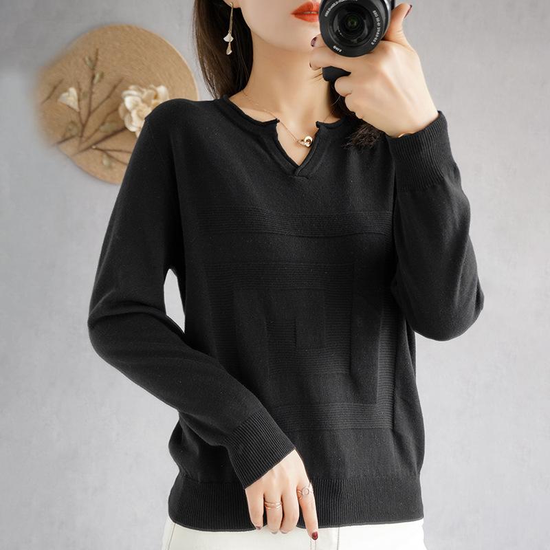 Свитер с V-образным вырезом из хлопковой нити с длинным рукавом для женщин на весну и осень, новый свободный облегающий пуловер, однотонная базовая футболка-топ