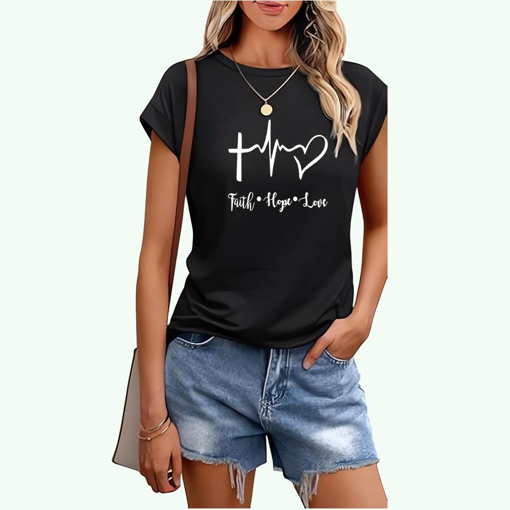 Women Fashion Short Sleeve T-shirt Sring&summer Casual Letter Print Top Ladies Round Neck Tee Shirt