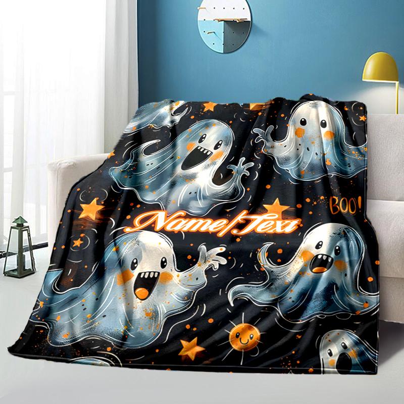 1PC Custom Name Ghostly Halloween Fun outdooor Flannel blankets Throw Blanket All-Season Throw Gift Bedspread for Couch, Bed, Camping Holiday Birthday