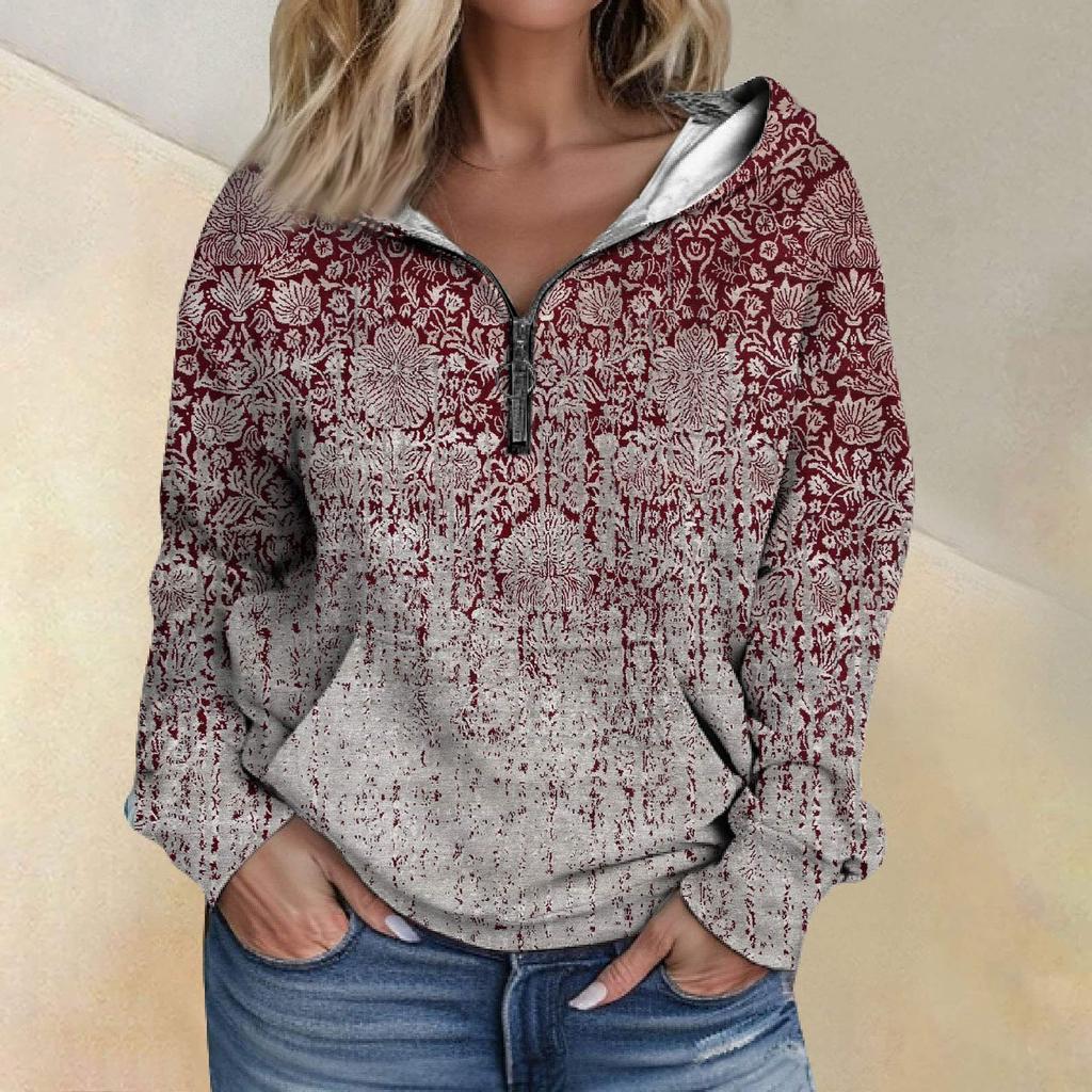 Women's Fashion Printing Long Sleeve Loose Half Zippered Hoodie With Pockets