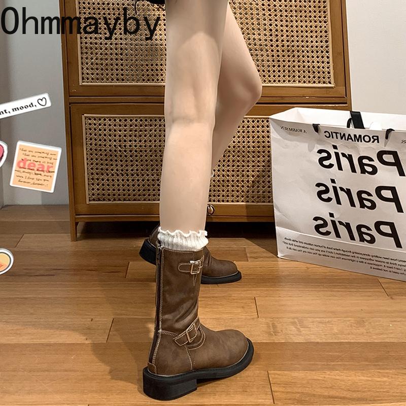 Fashion Vintage Women Western Cowgirl Boots Fashion Slip On Belt Buckle Shoes Autumn Winter Thick Heel Ladies Short Booties