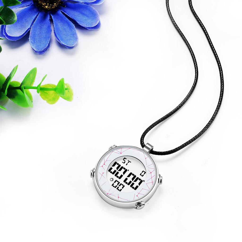 Pocket Watch Digital Pendant Watch Necklace Leather Chain 3ATM Waterproof Calendar Day of the Week Stopwatch Stylish Silver Fashion Accessory Men's
