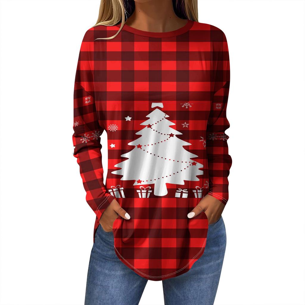Женская модная повседневная футболка с круглым вырезом и длинным рукавом с рождественским принтом
