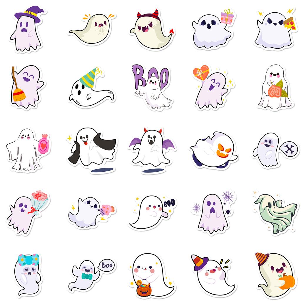 50 Halloween Series White Ghost Stickers Cute Cartoon Festival DIY Decoration Stickers