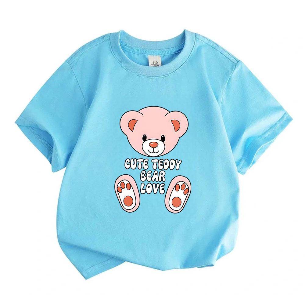 Cute Pink Teddy Bear Print Kids 100% Cotton O-neck Short Sleeve T-shirt for Boys Girls Casual Comfortable Summer Lovely Cartoon Tee Tops Daily Wear