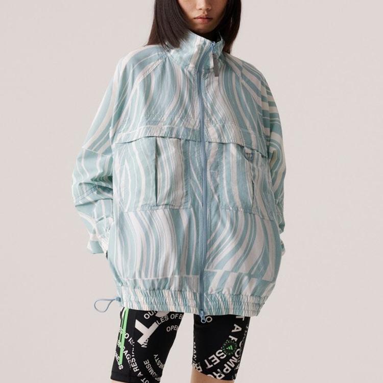 adidas Stella McCartney Collaboration Полосатый узор с полным принтом и воротником-стойкой, куртка с длинными рукавами, женская куртка, белая HT1102