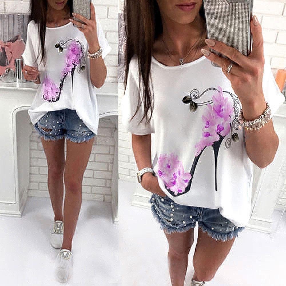 Women's Loose T-shirt Sleeves High Heels Printed T-shirt Short-sleeved Top