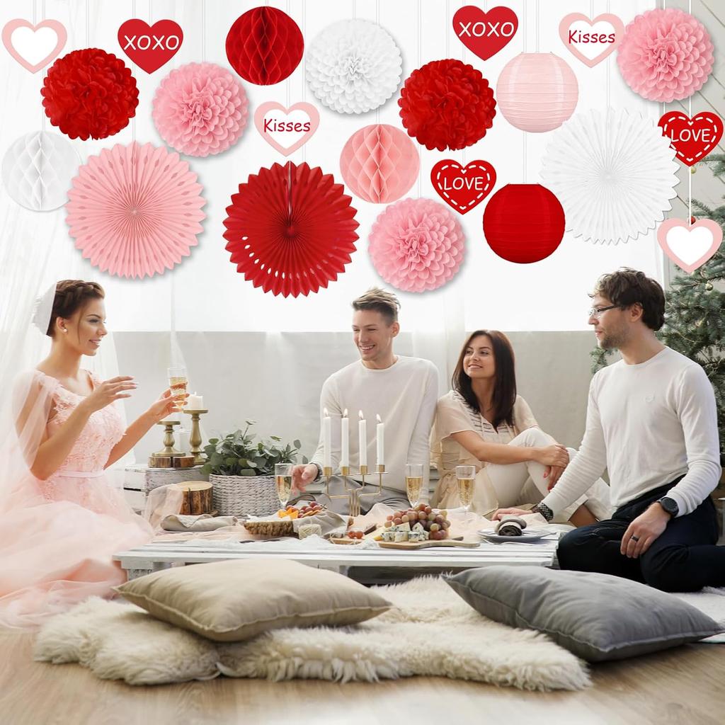 22pcs Valentines Day Party Decorations – Red Pink Paper Fans, Honeycomb Hanging, Tissue Pom Poms Kit for Classroom, Office, Birthday, Galentines