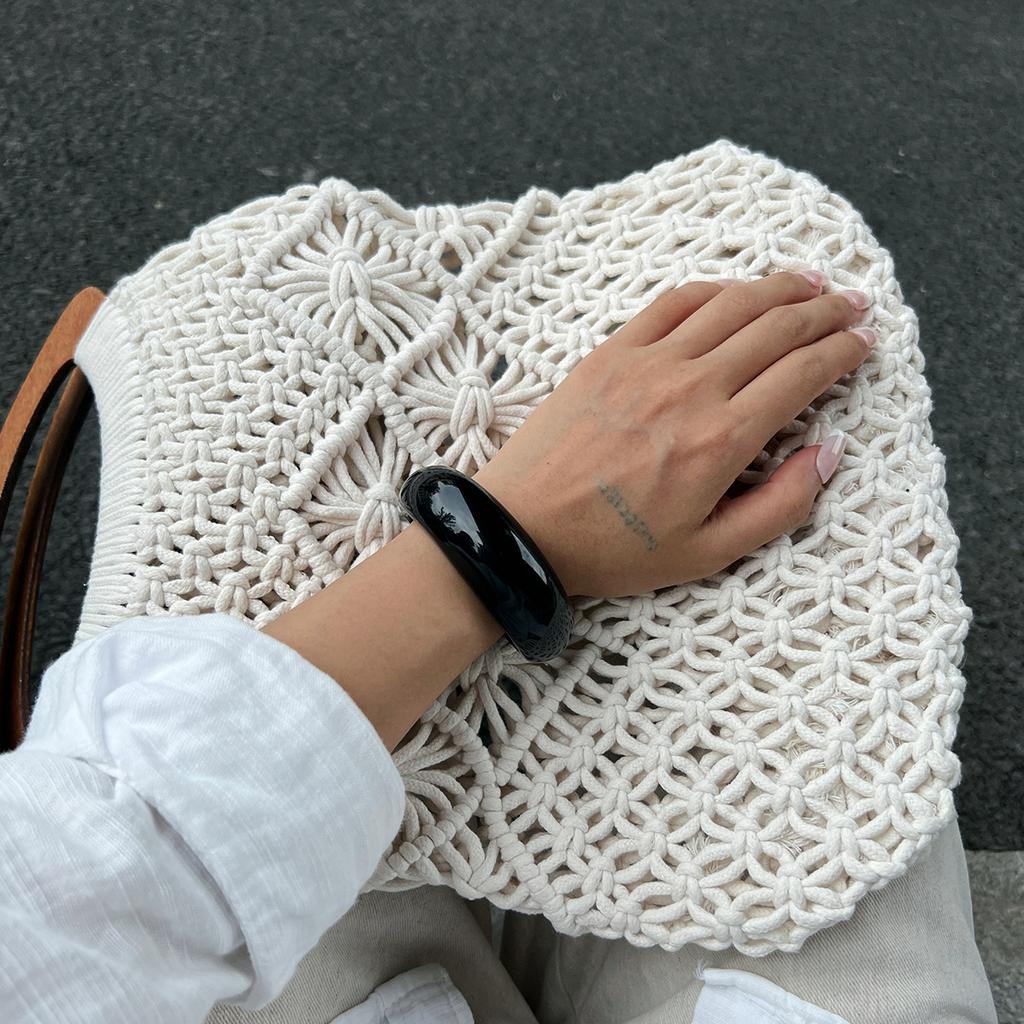Street Style French Retro Round Smooth Open Bracelet Design Resin Ring